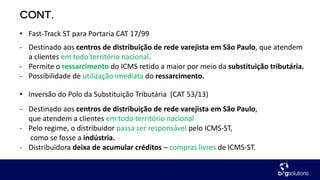 - Destinado aos centros de distribuição de rede varejista em São Paulo, que atendem
a clientes em todo território nacional.
- Permite o ressarcimento do ICMS retido a maior por meio da substituição tributária.
- Possibilidade de utilização imediata do ressarcimento.
• Fast-Track ST para Portaria CAT 17/99
- Destinado aos centros de distribuição de rede varejista em São Paulo,
que atendem a clientes em todo território nacional
- Pelo regime, o distribuidor passa ser responsável pelo ICMS-ST,
como se fosse a indústria.
- Distribuidora deixa de acumular créditos – compras livres de ICMS-ST.
• Inversão do Polo da Substituição Tributária (CAT 53/13)
 