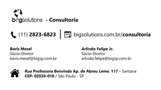 - Consultoria
(11) 2823-6823 bigsolutions.com.br/consultoria
Boris Mesel
Sócio-Diretor
boris.mesel@bigsp.com.br
Arlindo Felipe Jr.
Sócio-Diretor
arlindo.felipe@bigsp.com.br
Rua Professora Benvinda Ap. de Abreu Leme, 117 – Santana
CEP: 02038-010 / São Paulo - SP
 