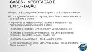 CASES - IMPORTAÇÃO E
EXPORTAÇÃO
Projeto de Exportação da Cerveja Itaipava – do Brasil para o mundo;
Exportação de Cosméticos, biquines, moda fitness, acessórios, etc. –
do Brasil para o Mundo
 Importação de Matérias Primas, Insumos e Maquinário – da
Alemanha/EUA/Itália/China para o Brasil;
Importação de Bebidas: Vinhos, Whisky, Vodka, Cerveja, etc.
Importação de Materiais Promocionais - da China para o Brasil –
geladeiras, camisetas, relógios, brindes, etc.
Importação de Automóveis – dos EUA para o Brasil
Feiras Internacionais: Brasil, EUA, Africa do Sul, França, Inglaterra,
China, Alemanha, etc.;
 
