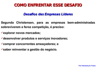 COMO ENFRENTAR ESSE DESAFIO Desafios das Empresas Líderes Segundo Christensen, para as empresas bem-administradas sobreviverem a feroz competição, é preciso: explorar novos mercados; desenvolver produtos e serviços inovadores; comprar concorrentes ameaçadores; e saber reinventar a gestão do negócio. 