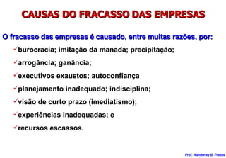 CAUSAS DO FRACASSO DAS EMPRESAS O fracasso das empresas é causado, entre muitas razões, por:  burocracia; imitação da manada; precipitação;  arrogância; ganância;  executivos exaustos; autoconfiança planejamento inadequado; indisciplina;  visão de curto prazo (imediatismo);  experiências inadequadas; e recursos escassos.  