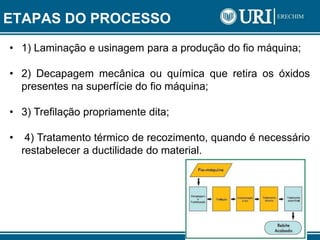ETAPAS DO PROCESSO
• 1) Laminação e usinagem para a produção do fio máquina;
• 2) Decapagem mecânica ou química que retira os óxidos
presentes na superfície do fio máquina;
• 3) Trefilação propriamente dita;
• 4) Tratamento térmico de recozimento, quando é necessário
restabelecer a ductilidade do material.
 
