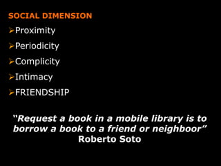 SOCIAL DIMENSION
Proximity
Periodicity
Complicity
Intimacy
FRIENDSHIP
“Request a book in a mobile library is to
borrow a book to a friend or neighboor”
Roberto Soto
 