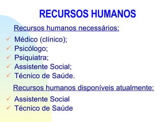 RECURSOS HUMANOS Recursos humanos necessários: Médico (clínico); Psicólogo; Psiquiatra; Assistente Social; Técnico de Saúde.  Recursos humanos disponíveis atualmente: Assistente Social Técnico de Saúde 