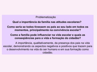   Problematização Qual a importância da família nas atitudes escolares? Como seria se todos tivessem os pais ao seu lado em todos os momentos, principalmente na convivência escolar? C omo a família pode influenciar na vida escolar e quais as conseqüências para a vida e formação do cidadão? A importância, qualitativamente, da presença dos pais na vida escolar, demonstrando os aspectos negativos e positivos que trazem para o desenvolvimento na vida do ser humano e em sua formação como cidadão. 