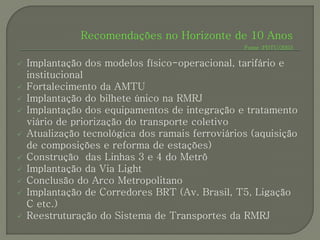 Recomendações no Horizonte de 10 Anos
                                                  Fonte :PDTU/2003


   Implantação dos modelos físico-operacional, tarifário e
    institucional
   Fortalecimento da AMTU
   Implantação do bilhete único na RMRJ
   Implantação dos equipamentos de integração e tratamento
    viário de priorização do transporte coletivo
   Atualização tecnológica dos ramais ferroviários (aquisição
    de composições e reforma de estações)
   Construção das Linhas 3 e 4 do Metrô
   Implantação da Via Light
   Conclusão do Arco Metropolitano
   Implantação de Corredores BRT (Av. Brasil, T5, Ligação
    C etc.)
   Reestruturação do Sistema de Transportes da RMRJ
 