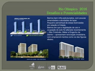 Rio Olímpico 2016
Desafios e Potencialidades
Bairros bem infra-estruturados, com poucas
amenidades e atividades de lazer.
Pequeno percentual de áreas licenciadas
em relação à Cidade.
Bairros em que a legislação de uso e
ocupação do solo foi alterada recentemente
– São Cristóvão, Méier e Engenho de
Dentro – apresentam renovação imobiliária,
com empreendi-mentos como os das figuras
abaixo.
 