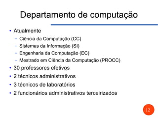12
Departamento de computação
● Atualmente
– Ciência da Computação (CC)
– Sistemas da Informação (SI)
– Engenharia da Computação (EC)
– Mestrado em Ciência da Computação (PROCC)
● 30 professores efetivos
● 2 técnicos administrativos
● 3 técnicos de laboratórios
● 2 funcionários administrativos terceirizados
 