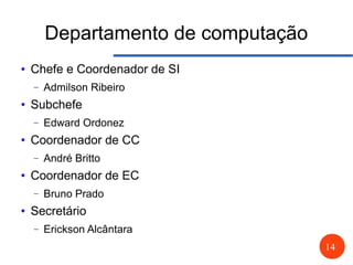 14
Departamento de computação
● Chefe e Coordenador de SI
– Admilson Ribeiro
● Subchefe
– Edward Ordonez
● Coordenador de CC
– André Britto
● Coordenador de EC
– Bruno Prado
● Secretário
– Erickson Alcântara
 