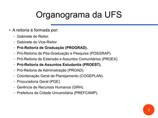 5
Organograma da UFS
● A reitoria é formada por:
– Gabinete do Reitor.
– Gabinete do Vice-Reitor.
– Pró-Reitoria de Graduação (PROGRAD).
– Pró-Reitoria de Pós-Graduação e Pesquisa (POSGRAP).
– Pró-Reitoria de Extensão e Assuntos Comunitários (PROEX).
– Pró-Reitoria de Assuntos Estudantis (PROEST).
– Pró-Reitoria de Administração (PROAD).
– Coordenação Geral de Planejamento (COGEPLAN).
– Procuradoria Geral (PGE).
– Gerência de Recursos Humanos (GRH).
– Prefeitura da Cidade Universitária (PREFCAMP).
 