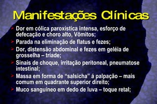 Manifestações Clínicas Dor em cólica paroxística intensa, esforço de defecação e choro alto, Vômitos; Parada na eliminação de flatus e fezes; Dor, distensão abdominal e fezes em geléia de grosselha – tríade; Sinais de choque, irritação peritoneal, pneumatose intestinal; Massa em forma de “salsicha” á palpação – mais comum em quadrante superior direito; Muco sanguíneo em dedo de luva – toque retal; 