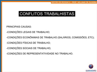CONFLITOS TRABALHISTAS PRINCIPAIS CAUSAS: CONDIÇÕES LEGAIS DE TRABALHO; CONDIÇÕES ECONÔNIMAS DE TRABALHO (SALÁRIOS, COMISSÕES, ETC); CONDIÇÕES FÍSICAS DE TRABALHO; CONDIÇÕES SOCIAIS DE TRABALHO; CONDIÇÕES DE REPRESENTATIVIDADE NO TRABALHO. 