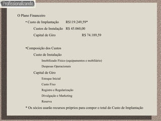O Plano Financeiro Custo de Implantação R$119.249,59* Custos de Instalação R$ 45.060,00 Capital de Giro R$ 74.189,59 Composição dos Custos Custo de Instalação Imobilizado Físico (equipamentos e mobiliário) Despesas Operacionais Capital de Giro Estoque Inicial Custo Fixo Registro e Regularização Divulgação e Marketing Reserva * Os sócios usarão recursos próprios para compor o total do Custo de Implantação 