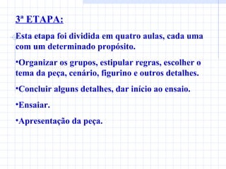 3ª ETAPA: Esta etapa foi dividida em quatro aulas, cada uma com um determinado propósito. Organizar os grupos, estipular regras, escolher o tema da peça, cenário, figurino e outros detalhes. Concluir alguns detalhes, dar início ao ensaio. Ensaiar. Apresentação da peça. 