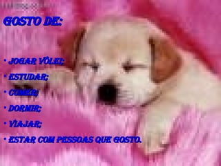 Gosto de: Jogar vôlei; Estudar; Comer; Dormir; Viajar; Estar com pessoas que gosto. 