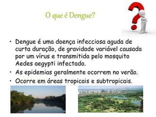 O que é Dengue?
• Dengue é uma doença infecciosa aguda de
curta duração, de gravidade variável causada
por um vírus e transmitida pelo mosquito
Aedes aegypti infectado.
• As epidemias geralmente ocorrem no verão.
• Ocorre em áreas tropicais e subtropicais.
 