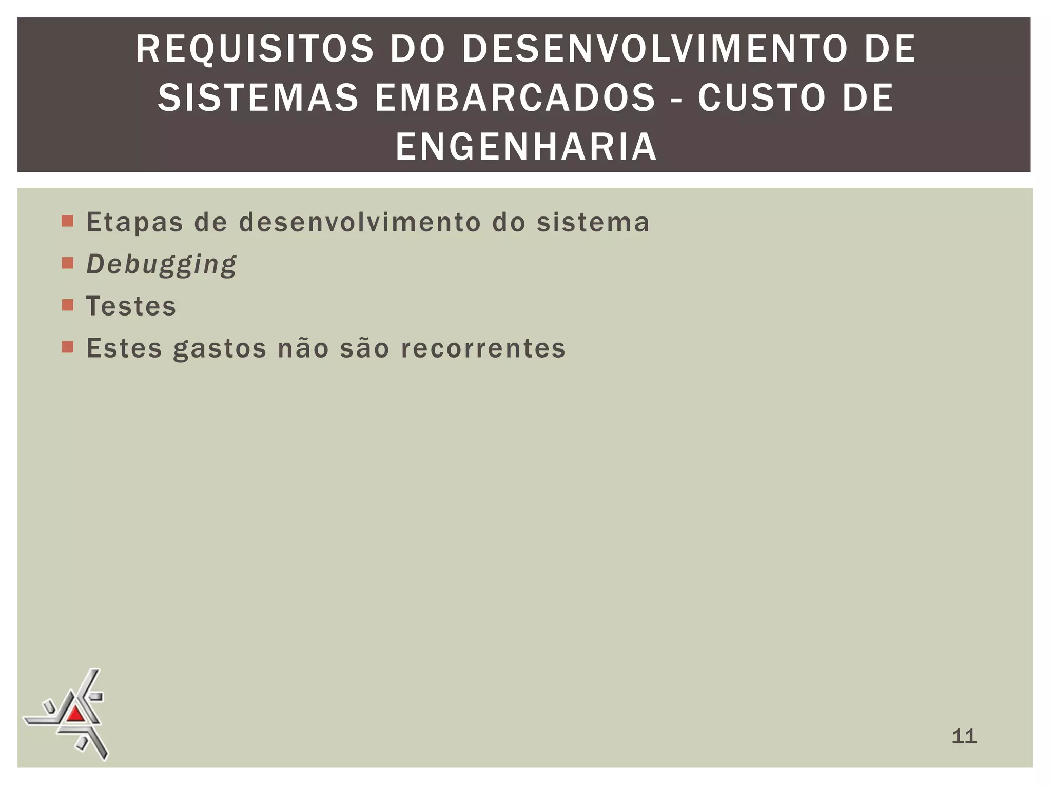 REQUISITOS DO DESENVOLVIMENTO DE
SISTEMAS EMBARCADOS - CUSTO DE
ENGENHARIA





Etapas de desenvolvimento do sistema
Debugging
Testes
Estes gastos não são recorrentes

11

 