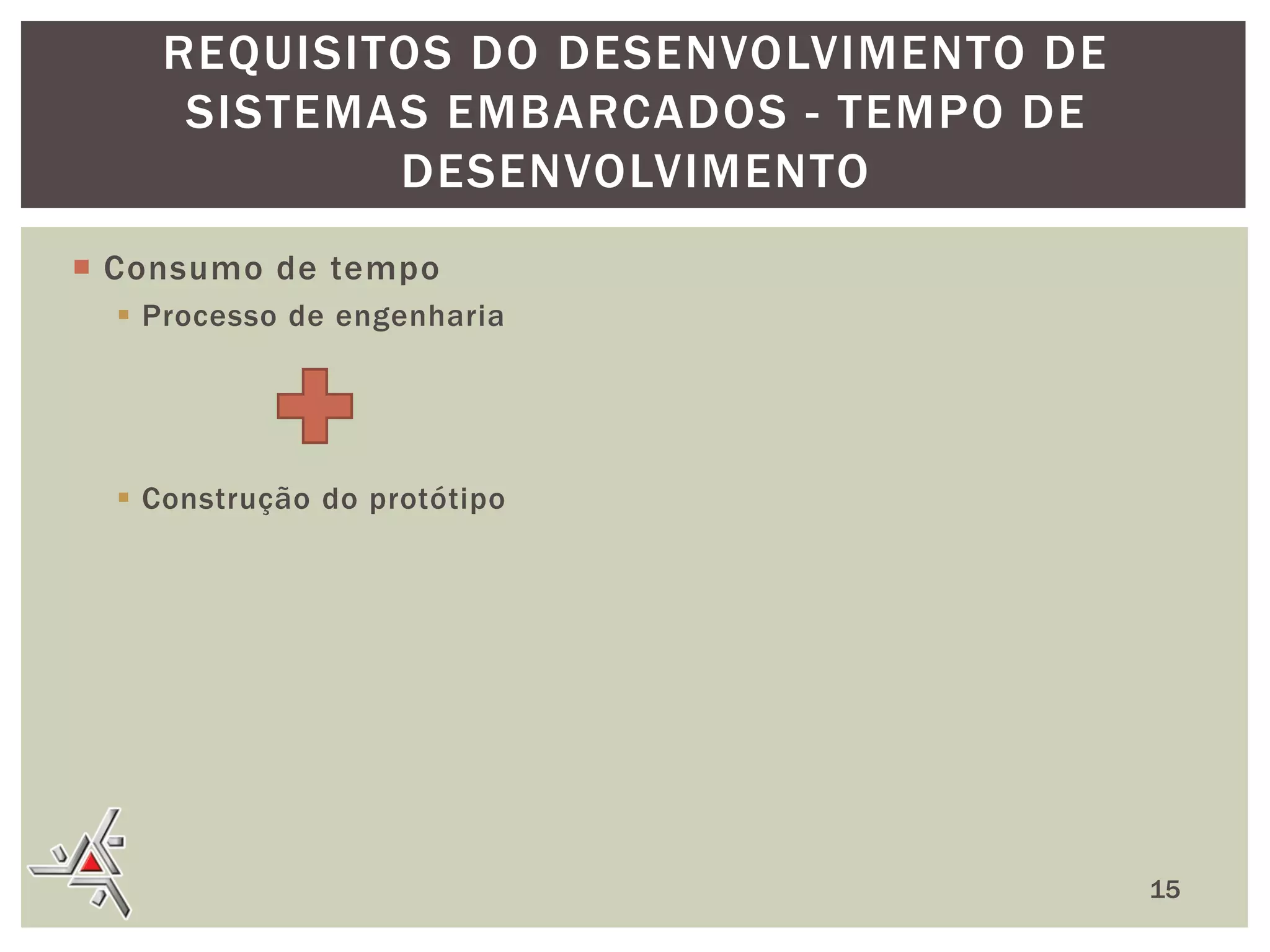 REQUISITOS DO DESENVOLVIMENTO DE
SISTEMAS EMBARCADOS - TEMPO DE
DESENVOLVIMENTO
 Consumo de tempo
 Processo de engenharia

 Construção do protótipo

15

 