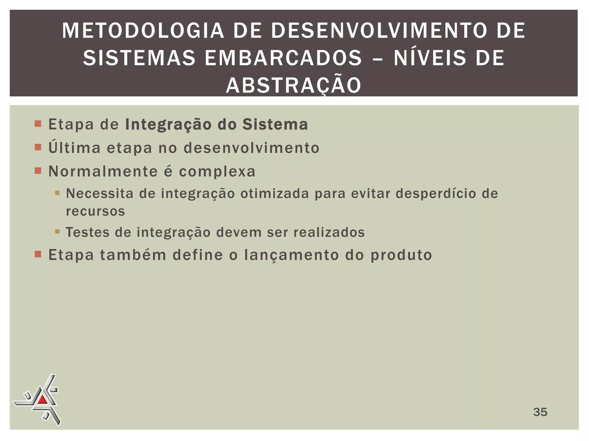 METODOLOGIA DE DESENVOLVIMENTO DE
SISTEMAS EMBARCADOS – NÍVEIS DE
ABSTRAÇÃO
 Etapa de Integração do Sistema
 Última etapa no desenvolvimento
 Normalmente é complexa
 Necessita de integração otimizada para evitar desperdício de
recursos
 Testes de integração devem ser realizados

 Etapa também define o lançamento do produto

35

 