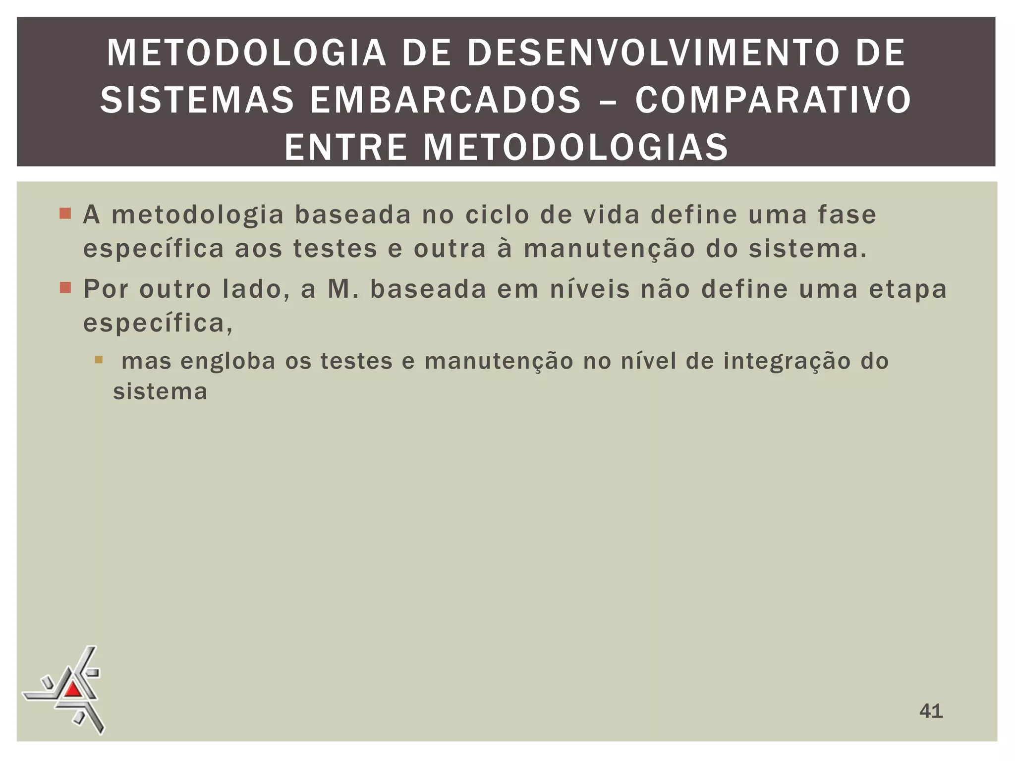 METODOLOGIA DE DESENVOLVIMENTO DE
SISTEMAS EMBARCADOS – COMPARATIVO
ENTRE METODOLOGIAS
 A metodologia baseada no ciclo de vida define uma fase
específica aos testes e outra à manutenção do sistema.
 Por outro lado, a M. baseada em níveis não define uma etapa
específica,
 mas engloba os testes e manutenção no nível de integração do
sistema

41

 