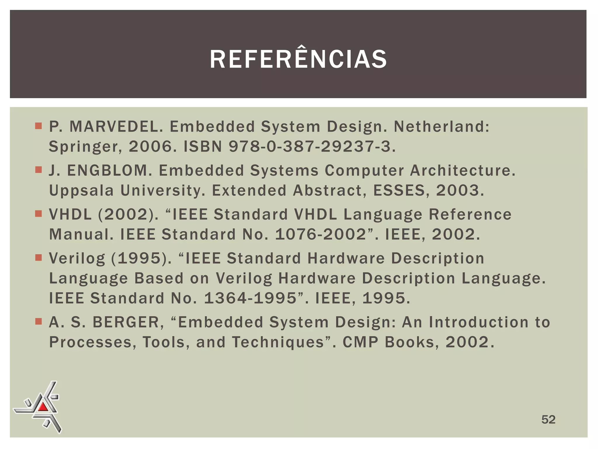 REFERÊNCIAS
 P. MARVEDEL. Embedded System Design. Netherland:
Springer, 2006. ISBN 978-0-387-29237-3.
 J. ENGBLOM. Embedded Systems Computer Architecture.
Uppsala University. Extended Abstract, ESSES, 2003.
 VHDL (2002). “IEEE Standard VHDL Language Reference
Manual. IEEE Standard No. 1076-2002”. IEEE, 2002.
 Verilog (1995). “IEEE Standard Hardware Description
Language Based on Verilog Hardware Description Language.
IEEE Standard No. 1364-1995”. IEEE, 1995.
 A . S. BERGER, “Embedded System Design: An Introduction to
Processes, Tools, and Techniques”. CMP Books, 2002 .

52

 
