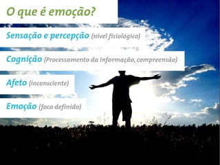 O que é emoção?
Sensação e percepção (nível fisiológico)

Cognição (Processamento da informação, compreensão)

Afeto (inconsciente)

Emoção (foco definido)
 