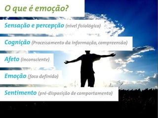 O que é emoção?
Sensação e percepção (nível fisiológico)

Cognição (Processamento da informação, compreensão)

Afeto (inconsciente)

Emoção (foco definido)

Sentimento (pré-disposição de comportamento)
 