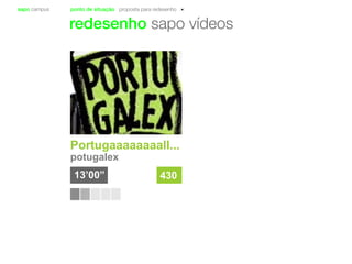sapo campus ponto de situação proposta para redesenho
redesenho sapo vídeos
Portugaaaaaaaall...
potugalex
13’00” 430
 