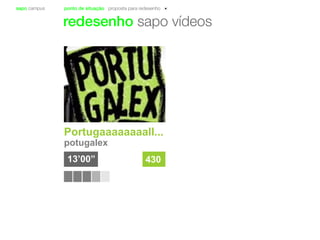 sapo campus ponto de situação proposta para redesenho
redesenho sapo vídeos
Portugaaaaaaaall...
potugalex
13’00” 430
 