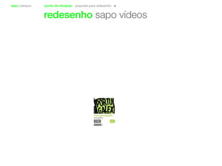 sapo campus ponto de situação proposta para redesenho
redesenho sapo vídeos
Portugaaaaaaaall...
potugalex
13’00” 430
 