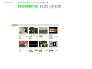 sapo campus ponto de situação proposta para redesenho
redesenho sapo vídeos
Destaque
O chato no Natal...
contemporaneos
2335”
No meio do nada...
contemporaneos
36003’40”
Ai vai bola para o...
ftpsxpo zé
440’43” 360
beat name
beataspot
01’32”
Ai eu sei que és...
benficabola
01”
Portugaaaaaaaall...
potugalex
560
beat name
beataspot
1
O último suspiro
lab.sapo.pt/hugo
01’10” 8871 13’00” 430 03’30’33”
 