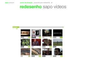 sapo campus ponto de situação proposta para redesenho
redesenho sapo vídeos
36003’40” 440’43”01” 113’00” 430
36001’32” 01’10” 887156003’30’33” 2335”
36001’32” 36001’32”2335” 440’43”
Destaque
 