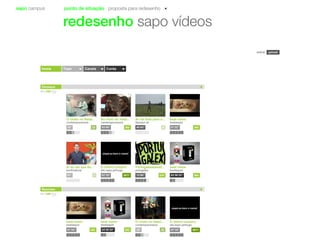 sapo campus ponto de situação proposta para redesenho
redesenho sapo vídeos
Contahome Tops Canais
uploadentrar
Destaque
O chato no Natal...
contemporaneos
2335”
No meio do nada...
contemporaneos
36003’40”
Ai vai bola para o...
ftpsxpo zé
440’43” 360
beat name
beataspot
01’32”
Ai eu sei que és...
benficabola
01”
Portugaaaaaaaall...
potugalex
560
beat name
beataspot
1
O último suspiro
lab.sapo.pt/hugo
01’10” 8871 13’00” 430 03’30’33”
Recentes
360
beat name
beataspot
01’32”
O último suspiro
lab.sapo.pt/hugo
01’10” 8871560
beat name
beataspot
03’30’33”
O chato no Natal...
contemporaneos
2335”
 