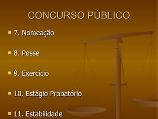 CONCURSO PÚBLICO 7. Nomeação 8. Posse 9. Exercício 10. Estágio Probatório 11. Estabilidade 
