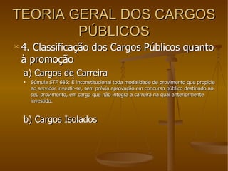 TEORIA GERAL DOS CARGOS PÚBLICOS 4. Classificação dos Cargos Públicos quanto à promoção a) Cargos de Carreira Súmula STF 685: É inconstitucional toda modalidade de provimento que propicie ao servidor investir-se, sem prévia aprovação em concurso público destinado ao seu provimento, em cargo que não integra a carreira na qual anteriormente investido. b) Cargos Isolados 