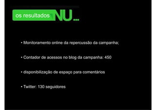 monitoramento online da repercussão da campanha.




        os resultados



            • Monitoramento online da repercussão da campanha;


            • Contador de acessos no blog da campanha: 450


            • disponibilização de espaço para comentários


            • T itt 130 seguidores
              Twitter:      id
 