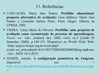 11. Referências CARVALHO, Marie Jane Soares.  Portfólio educacional: proposta alternativa de avaliação;  Guia didático/ Marie Jane Soares e Leonardo Sartori Porto. Porto Alegre: Editora da UFRGS, 2005. VIEIRA, Vânia Maria de Oliveira.  Portfólio: uma proposta de avaliação como reconstrução do processo de aprendizagem.  Psicol. esc. educ.  [online]. dez. 2002, vol.6, no.2 [citado 05 Setembro 2008], p.149-153. Disponível na World Wide Web: <http://pepsic.bvspsi.org.br/scielo.php?script=sci_arttext&pid=S141385572002000200005&lng=pt&nrm=iso>. ISSN 1413-8557. HAMZE, Amelia.  A configuração geométrica do Tangram . disponível em: < http://www.educador.brasilescola.com/trabalho-docente/a-configuracao-geometrica-tangram.htm > 