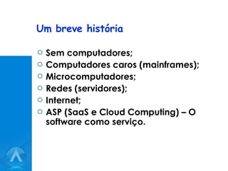 Um breve história Sem computadores; Computadores caros (mainframes); Microcomputadores; Redes (servidores); Internet; ASP (SaaS e Cloud Computing) – O software como serviço. 