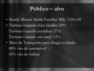 Público – alvo Renda Mensal Média Familiar (R$): 3.561,44 Turistas viajando com família: 50%  Turistas viajando sozinhos: 27%  Turistas viajando em casal: 12%  Meio de Transporte para chegar a cidade: 48% vão de automóvel 45% vão de ônibus 