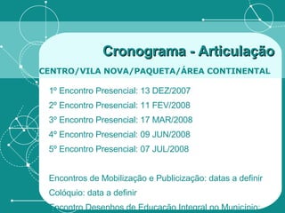 Cronograma - Articulação   CENTRO/VILA NOVA/PAQUETA/ÁREA CONTINENTAL   1º Encontro Presencial: 13 DEZ/2007 2º Encontro Presencial: 11 FEV/2008 3º Encontro Presencial: 17 MAR/2008 4º Encontro Presencial: 09 JUN/2008 5º Encontro Presencial: 07 JUL/2008 Encontros de Mobilização e Publicização: datas a definir Colóquio: data a definir Encontro Desenhos de Educação Integral no Município: data a definir 