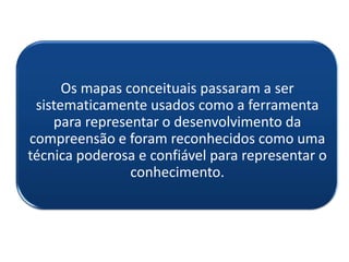 Os mapas conceituais passaram a ser
sistematicamente usados como a ferramenta
para representar o desenvolvimento da
compreensão e foram reconhecidos como uma
técnica poderosa e confiável para representar o
conhecimento.
 