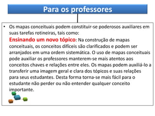 Para os professores
• Os mapas conceituais podem constituir-se poderosos auxiliares em
suas tarefas rotineiras, tais como:
Ensinando um novo tópico: Na construção de mapas
conceituais, os conceitos difíceis são clarificados e podem ser
arranjados em uma ordem sistemática. O uso de mapas conceituais
pode auxiliar os professores manterem-se mais atentos aos
conceitos chaves e relações entre eles. Os mapas podem auxiliá-lo a
transferir uma imagem geral e clara dos tópicos e suas relações
para seus estudantes. Desta forma torna-se mais fácil para o
estudante não perder ou não entender qualquer conceito
importante.
 
