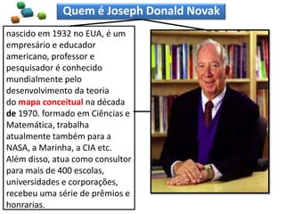 Quem é Joseph Donald Novak
nascido em 1932 no EUA, é um
empresário e educador
americano, professor e
pesquisador é conhecido
mundialmente pelo
desenvolvimento da teoria
do mapa conceitual na década
de 1970. formado em Ciências e
Matemática, trabalha
atualmente também para a
NASA, a Marinha, a CIA etc.
Além disso, atua como consultor
para mais de 400 escolas,
universidades e corporações,
recebeu uma série de prêmios e
honrarias.
 