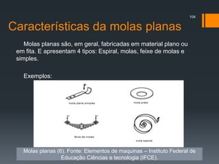 Características da molas planas
Molas planas são, em geral, fabricadas em material plano ou
em fita. E apresentam 4 tipos: Espiral, molas, feixe de molas e
simples.
Exemplos:
104
Molas planas (6). Fonte: Elementos de maquinas – Instituto Federal de
Educação Ciências e tecnologia (IFCE).
 