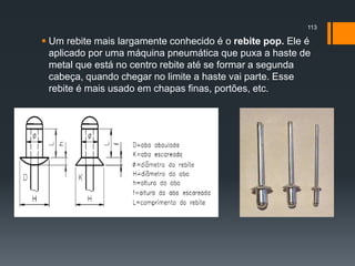  Um rebite mais largamente conhecido é o rebite pop. Ele é
aplicado por uma máquina pneumática que puxa a haste de
metal que está no centro rebite até se formar a segunda
cabeça, quando chegar no limite a haste vai parte. Esse
rebite é mais usado em chapas finas, portões, etc.
113
 