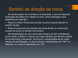 Sentido de direção da rosca
As roscas podem ser à direita ou à esquerda, o que vai dependa
inclinação dos filetes em relação ao eixo. Uma explicação mais
detalhada de cada tipo :
 Rosca à direita: Rosca que avança na porca quando girada no
sentido horário;
 Rosca à esquerda: Ao contrario da rosca direita, é a rosca que
avança na porca no sentido anti-horário.
Na interpretação de uma rosca esta sempre vai ser considerada
como sendo à direita, a mesmo que seja indicado que ela tem sentido
de enrolamento à esquerda. Se houver a necessidade de se inserir
rótulos de identificação, a rosca à direita é identificada com “RH” no
desenho, e a rosca à esquerda com “LH”.
15
 