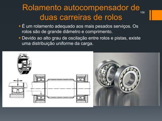 Rolamento autocompensador de
duas carreiras de rolos
 É um rolamento adequado aos mais pesados serviços. Os
rolos são de grande diâmetro e comprimento.
 Devido ao alto grau de oscilação entre rolos e pistas, existe
uma distribuição uniforme da carga.
156
 