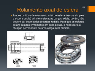 Rolamento axial de esfera
 Ambos os tipos de rolamento axial de esfera (escora simples
e escora dupla) admitem elevadas cargas axiais, porém, não
podem ser submetidos a cargas radiais. Para que as esferas
sejam guiadas firmemente em suas pistas, é necessária a
atuação permanente de uma carga axial mínima.
158
 
