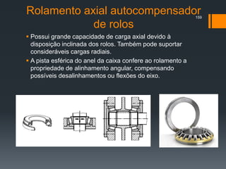 Rolamento axial autocompensador
de rolos
 Possui grande capacidade de carga axial devido à
disposição inclinada dos rolos. Também pode suportar
consideráveis cargas radiais.
 A pista esférica do anel da caixa confere ao rolamento a
propriedade de alinhamento angular, compensando
possíveis desalinhamentos ou flexões do eixo.
159
 