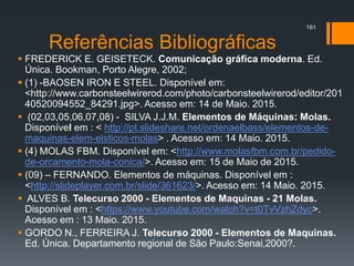 Referências Bibliográficas
 FREDERICK E. GEISETECK. Comunicação gráfica moderna. Ed.
Única. Bookman, Porto Alegre, 2002;
 (1) -BAOSEN IRON E STEEL. Disponível em:
<http://www.carbonsteelwirerod.com/photo/carbonsteelwirerod/editor/201
40520094552_84291.jpg>. Acesso em: 14 de Maio. 2015.
 (02,03,05,06,07,08) - SILVA J.J.M. Elementos de Máquinas: Molas.
Disponível em : < http://pt.slideshare.net/ordenaelbass/elementos-de-
maquinas-elem-elsticos-molas> . Acesso em: 14 Maio. 2015.
 (4) MOLAS FBM. Disponível em: <http://www.molasfbm.com.br/pedido-
de-orcamento-mola-conica/>. Acesso em: 15 de Maio de 2015.
 (09) – FERNANDO. Elementos de máquinas. Disponível em :
<http://slideplayer.com.br/slide/361623/>. Acesso em: 14 Maio. 2015.
 ALVES B. Telecurso 2000 - Elementos de Maquinas - 21 Molas.
Disponível em : <https://www.youtube.com/watch?v=t0TvVzhZdyc>.
Acesso em : 13 Maio. 2015.
 GORDO N., FERREIRA J. Telecurso 2000 - Elementos de Maquinas.
Ed. Única. Departamento regional de São Paulo:Senai,2000?.
161
 